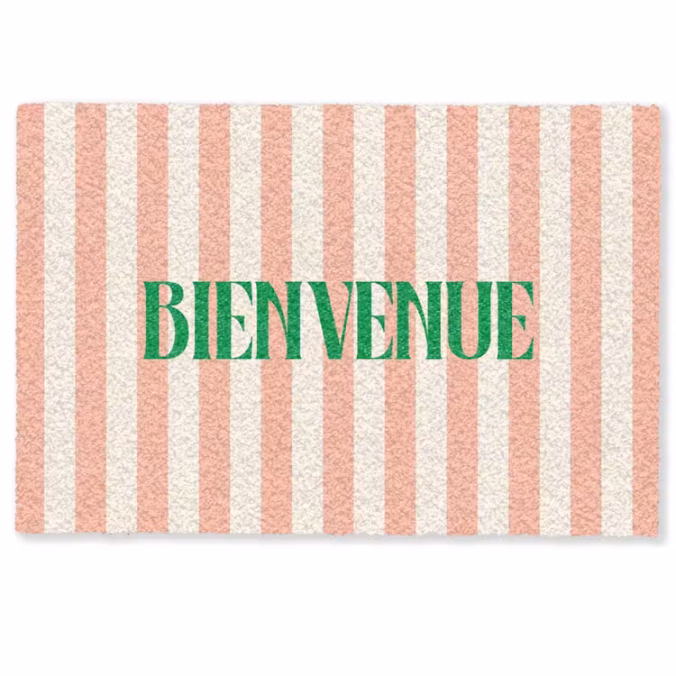 Deurmat - Zachtroze - Groen- Strepen - Bienvenue — 1