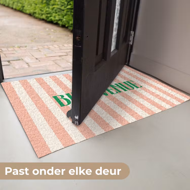 Deurmat - Zachtroze - Groen- Strepen - Bienvenue — 7