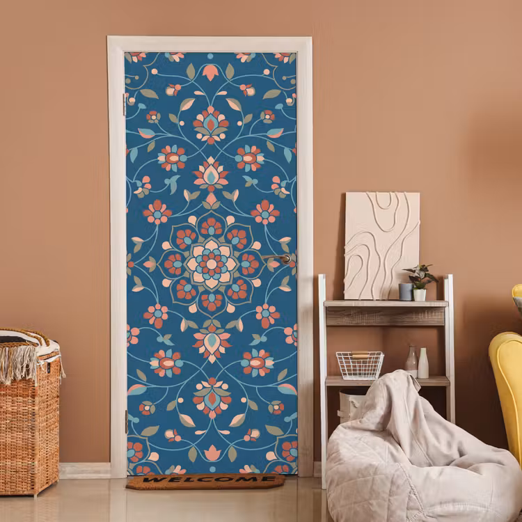Deursticker - Bloemen - Patroon - Natuur - Ornament - Blauw — 2
