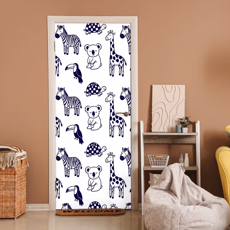 Deursticker - Dieren - Patroon - Kinderkamer - Grafisch - Wit-Blauw — 2