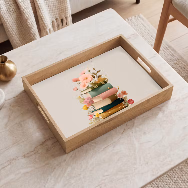 Dienblad - Boeken - Stapel - Bloemen - Kleurrijk — 2