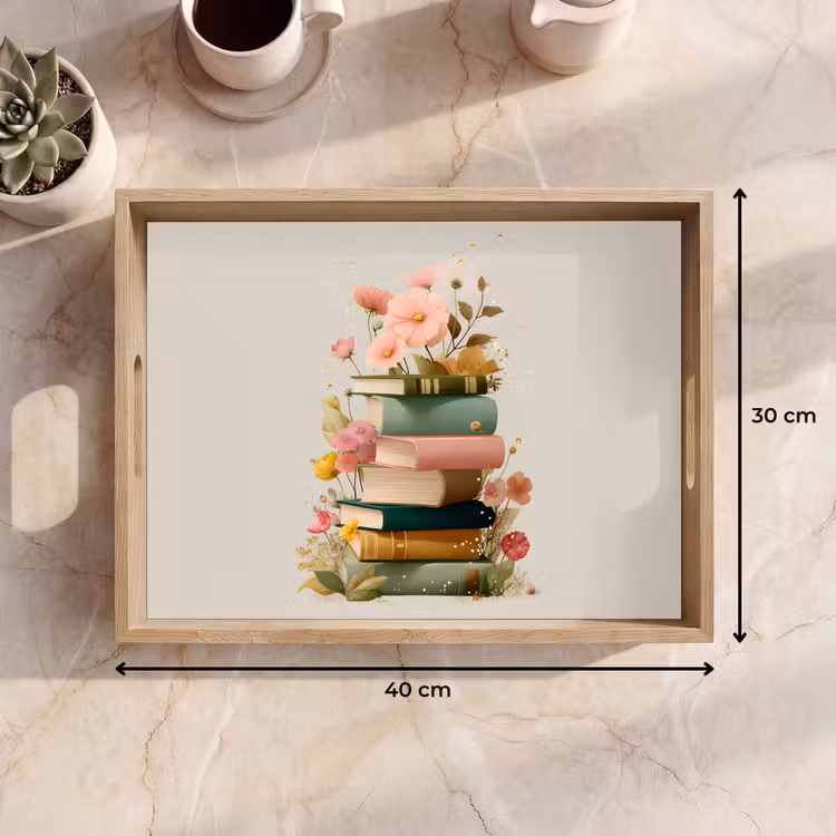 Dienblad - Boeken - Stapel - Bloemen - Kleurrijk — 9