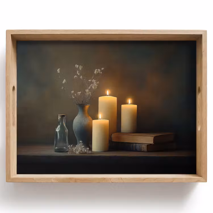 Dienblad - Kaarsen - Stilleven - Rustiek - Boeken — 1