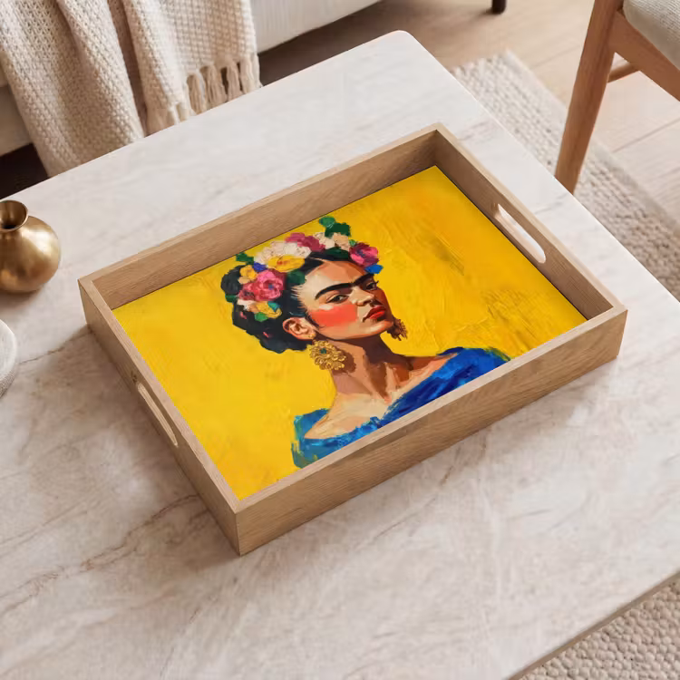 Dienblad - Frida Kahlo - Vrouw - Geel - Blauw - Bloemen — 2