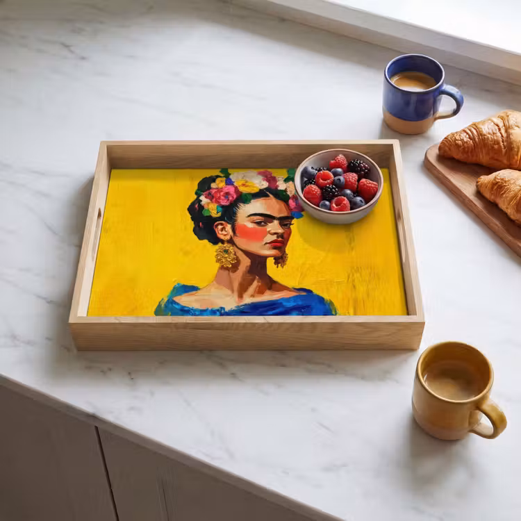 Dienblad - Frida Kahlo - Vrouw - Geel - Blauw - Bloemen — 4