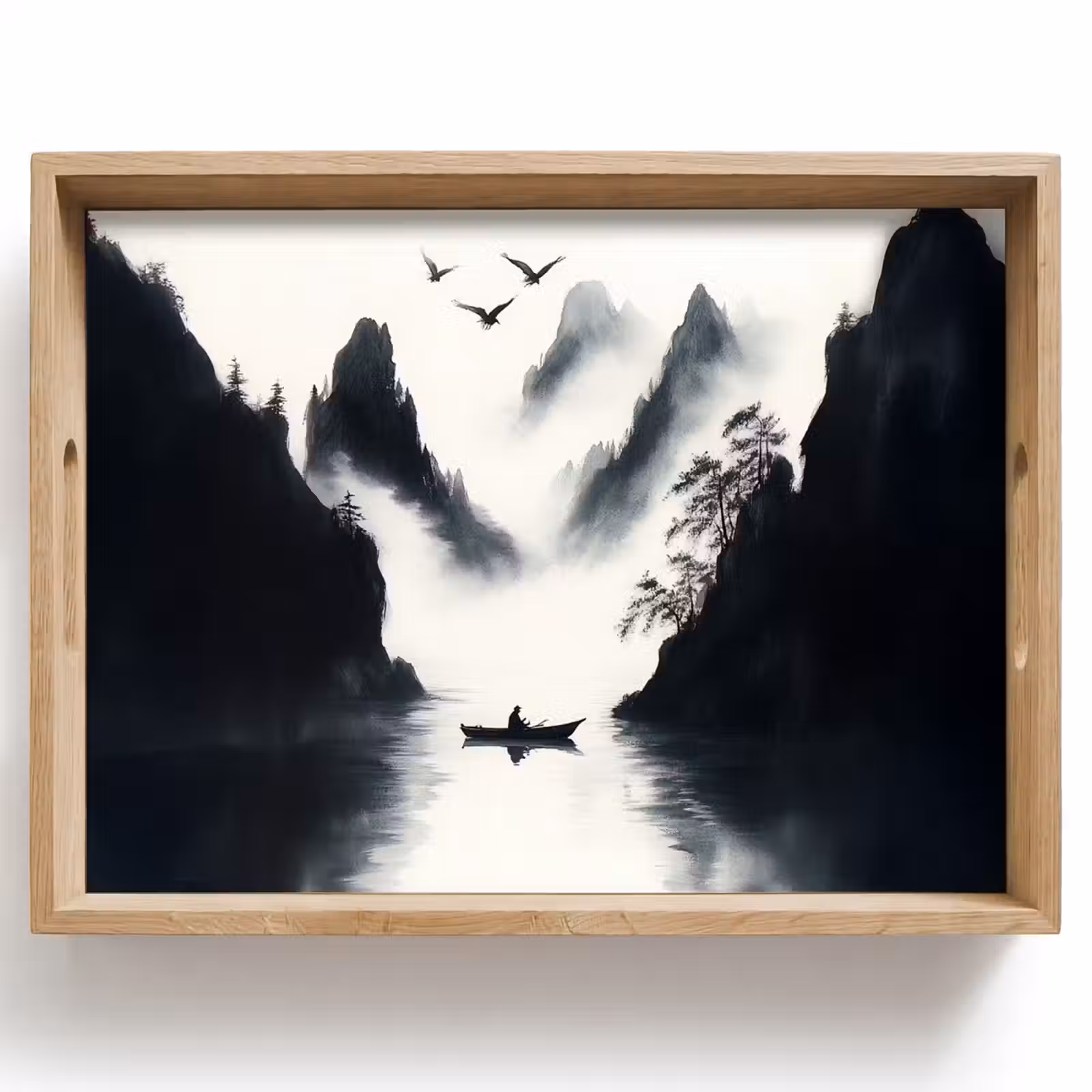 Dienblad - Roeiboot - Mistig - Bergen - Vogels — 1