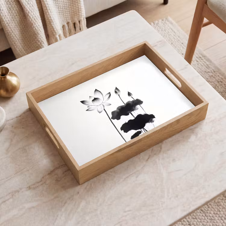 Dienblad - Bladeren - Zwart - Lotusbloem - Minimalitisch — 2