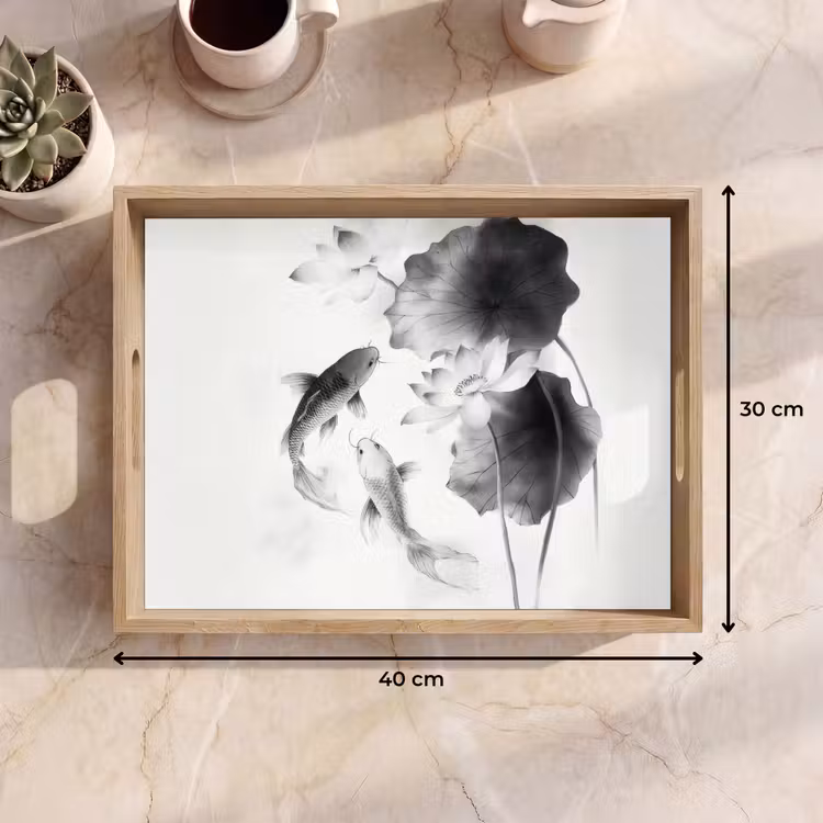 Dienblad - Lotusbloemen - Vissen - Bladeren - Zwart — 9