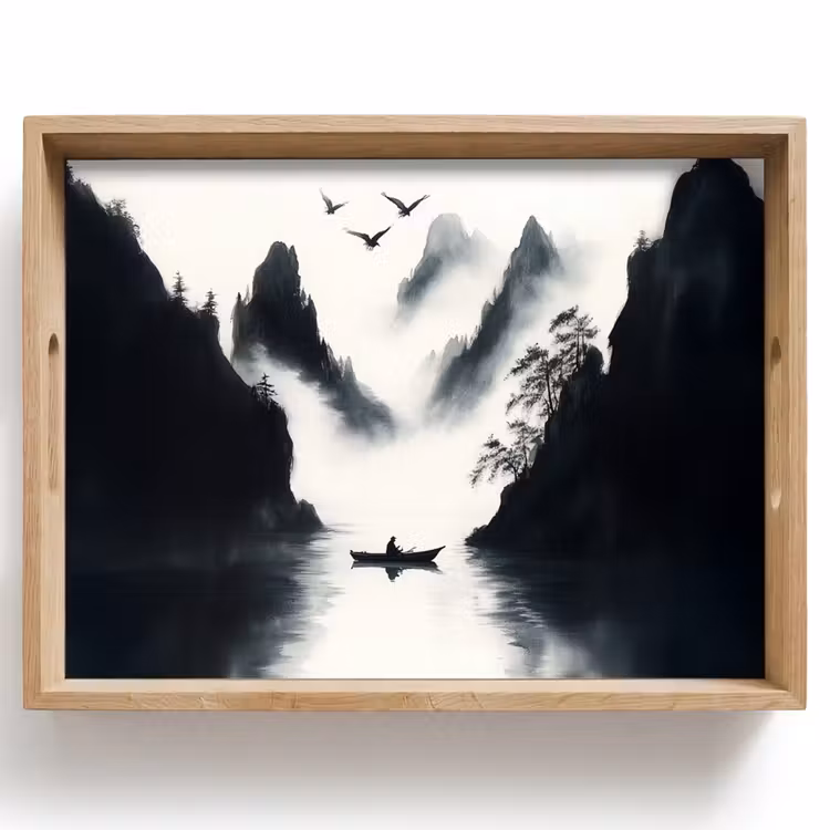 Dienblad - Roeiboot - Mistig - Bergen - Vogels — 1