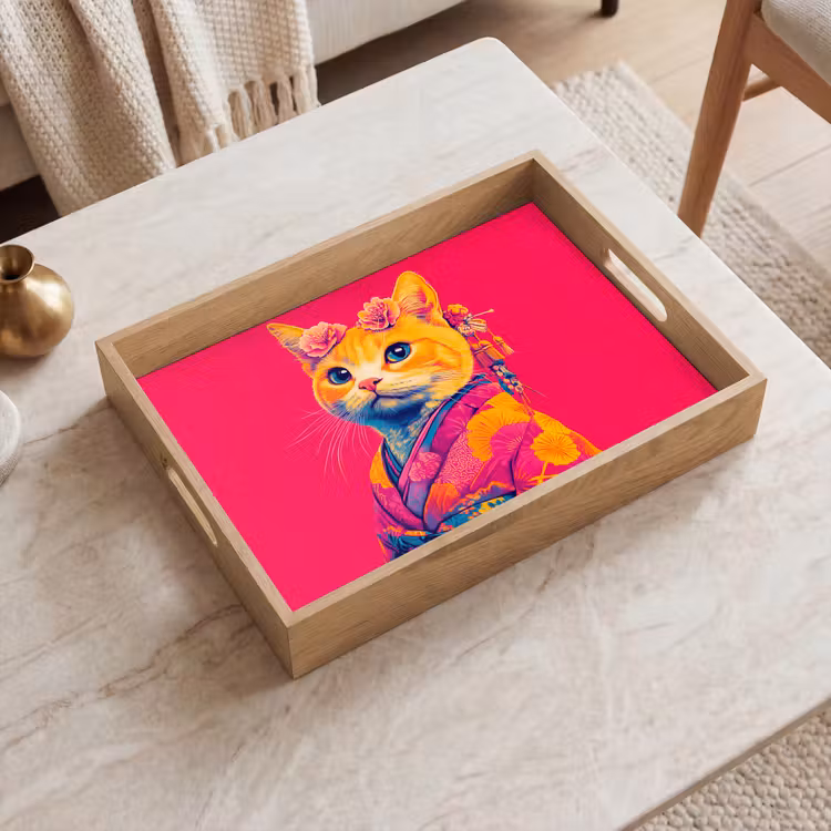 Dienblad - Kat - Kimono - Bloemen - Roze — 2