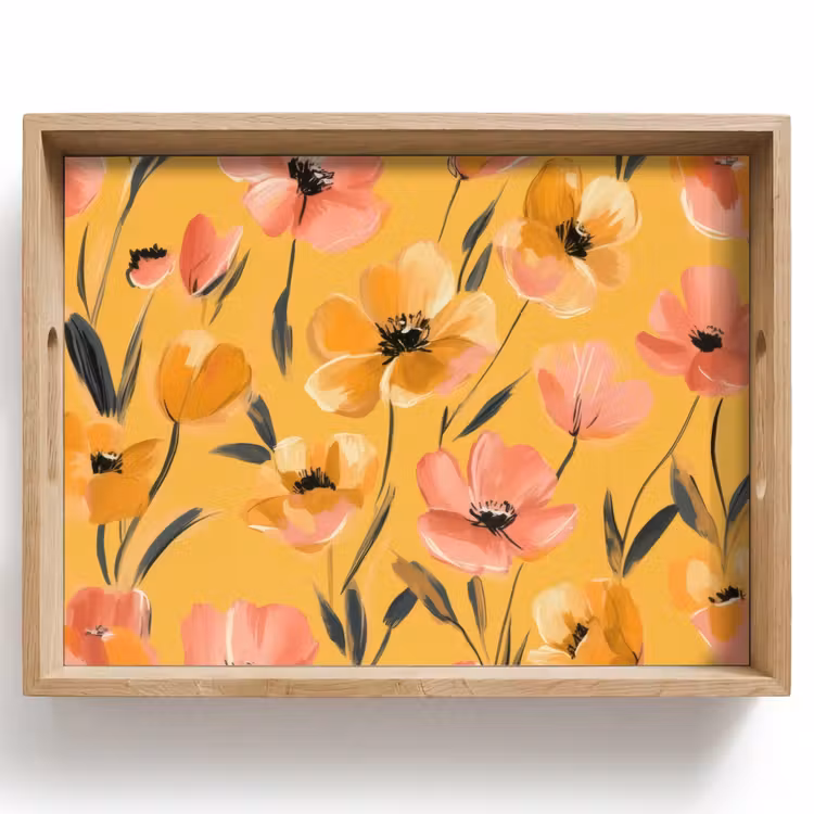 Dienblad - Bloemen - Geschilderd - Geel — 1