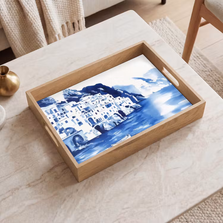 Dienblad - Dorp - Rotswand - Roeiboot - Water — 2