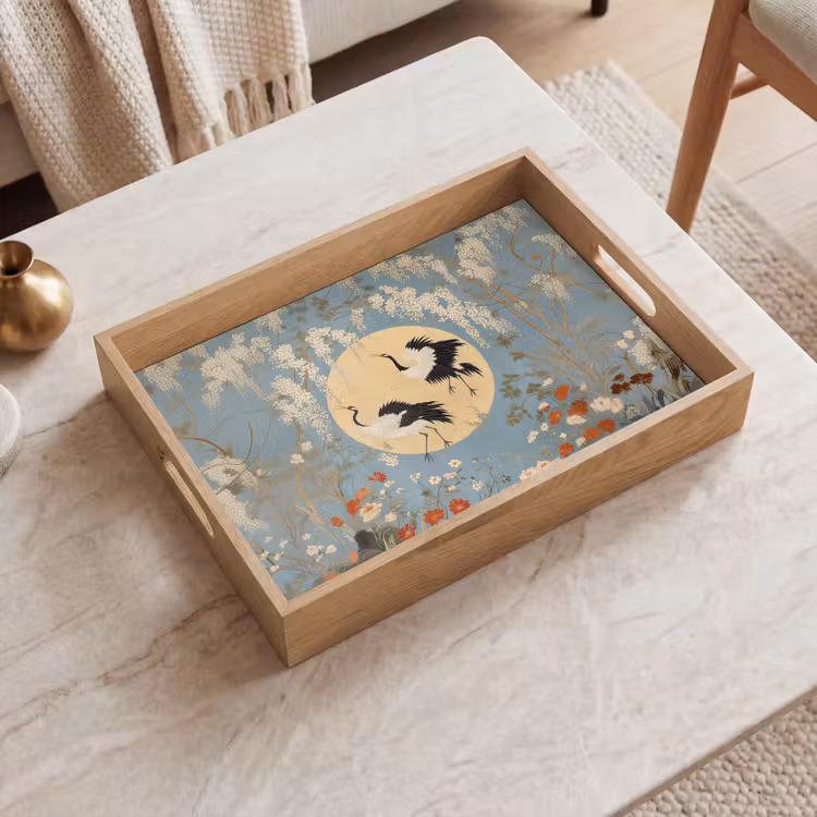 Dienblad - Kraanvogels - Maan - Bloemen - Blauw — 2
