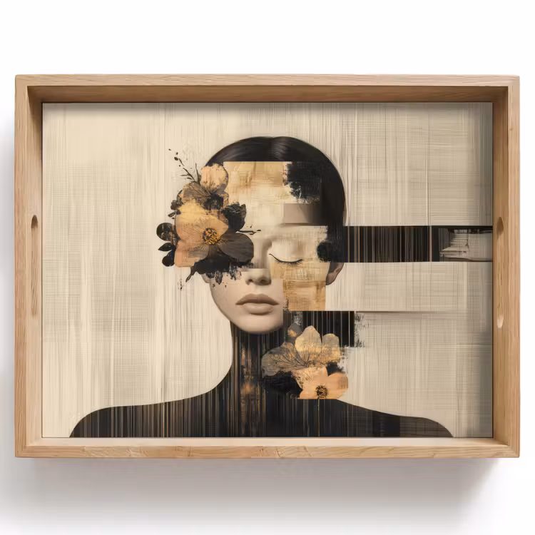 Dienblad - Gezicht - Bloemen - Zwart - Vrouw — 1