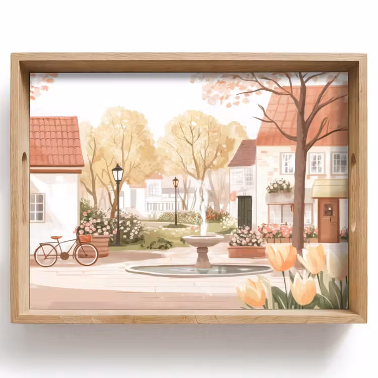 Dienblad - Dorpsplein - Fontein - Tulpen — 1