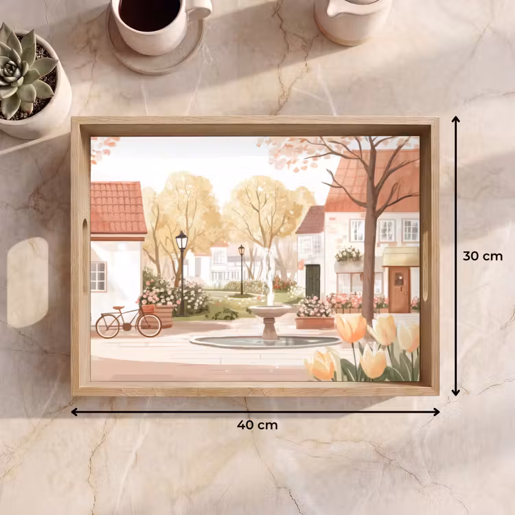 Dienblad - Dorpsplein - Fontein - Tulpen — 9