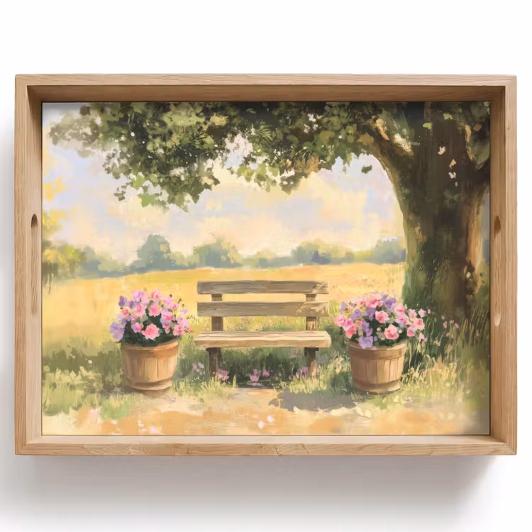 Dienblad - Houten bankje - Bloempotten - Landschap — 1