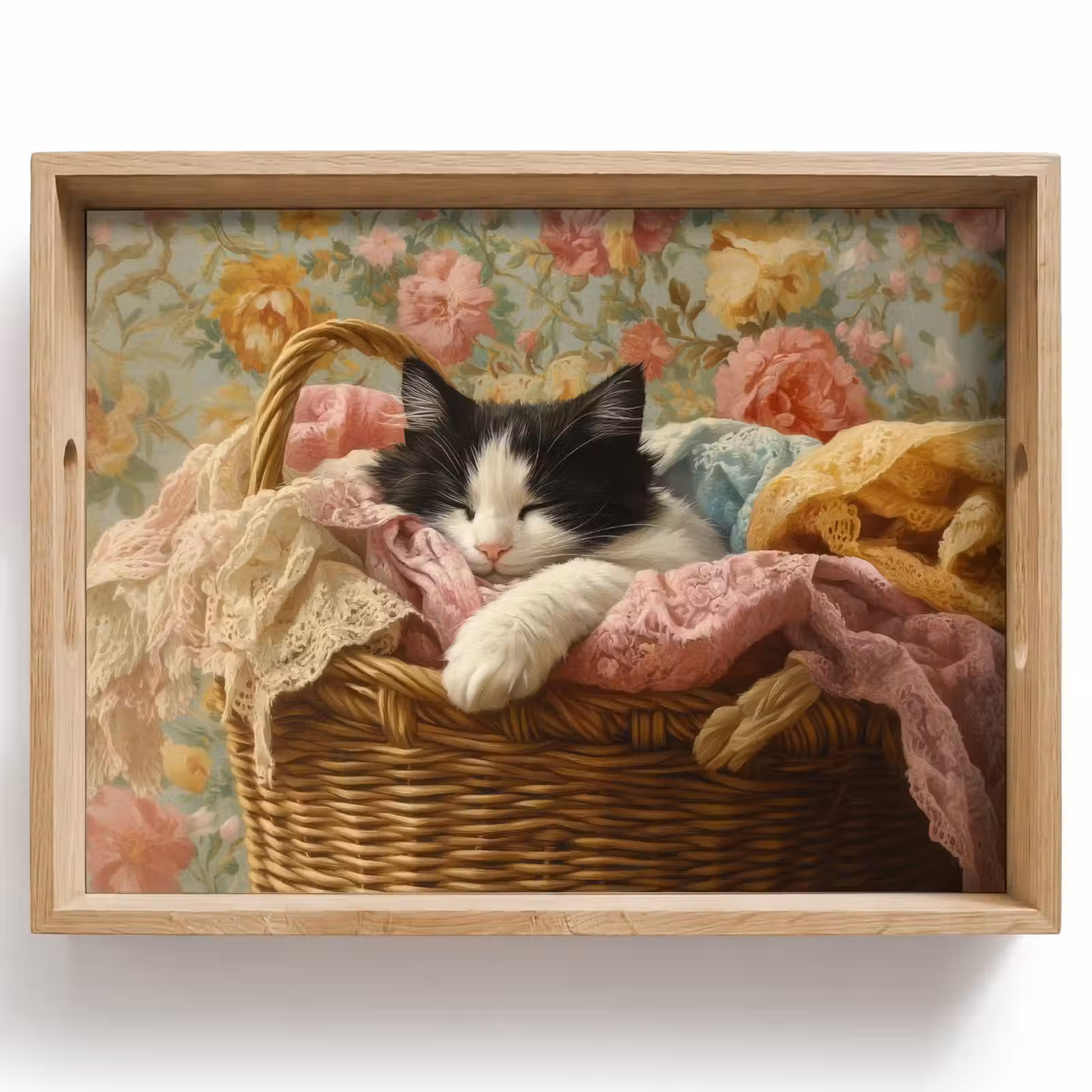 Dienblad - Kat - Bloemenprint - Rieten mand — 1