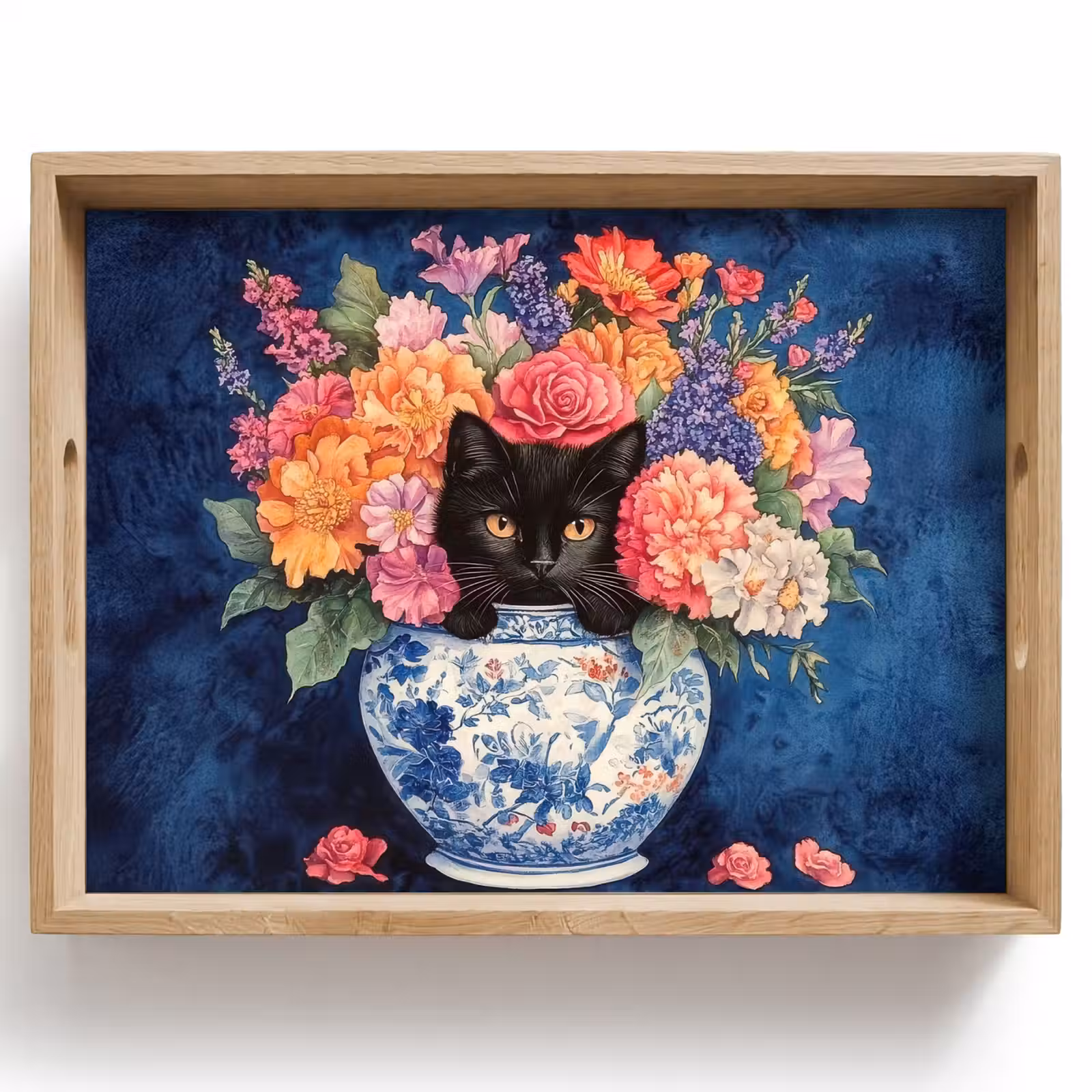 Dienblad - Kat - Felgekleurde bloemen - Vaas — 1