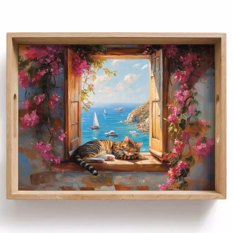Dienblad - Kat - Blauwe zee - Roze bloemen — 1