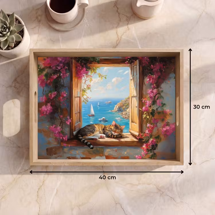 Dienblad - Kat - Blauwe zee - Roze bloemen — 9