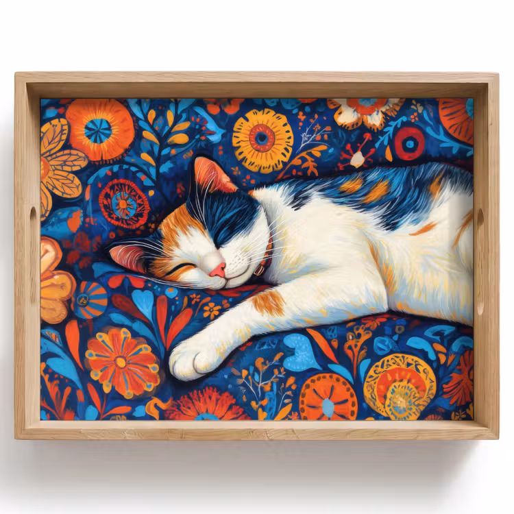 Dienblad - Kat - Bloemenpatroon - Blauw - Oranje — 1