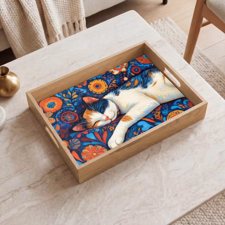 Dienblad - Kat - Bloemenpatroon - Blauw - Oranje — 2