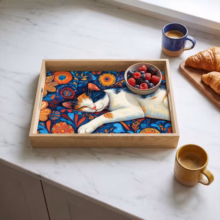 Dienblad - Kat - Bloemenpatroon - Blauw - Oranje — 4