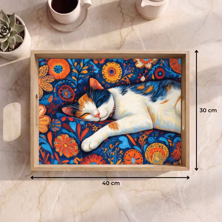 Dienblad - Kat - Bloemenpatroon - Blauw - Oranje — 9