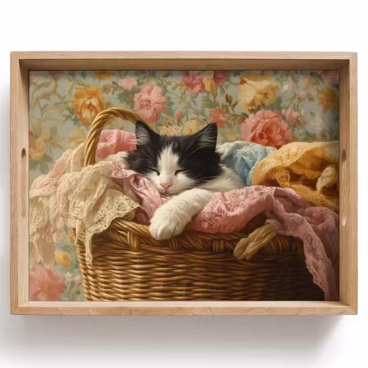 Dienblad - Kat - Bloemenprint - Rieten mand — 1