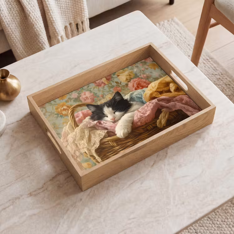 Dienblad - Kat - Bloemenprint - Rieten mand — 2