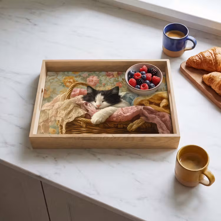 Dienblad - Kat - Bloemenprint - Rieten mand — 4