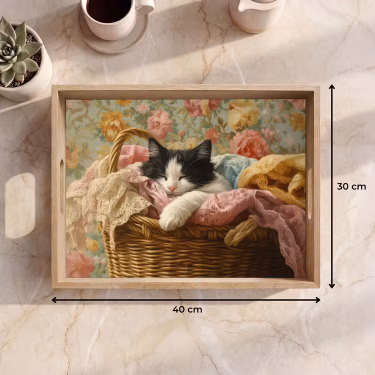 Dienblad - Kat - Bloemenprint - Rieten mand — 9