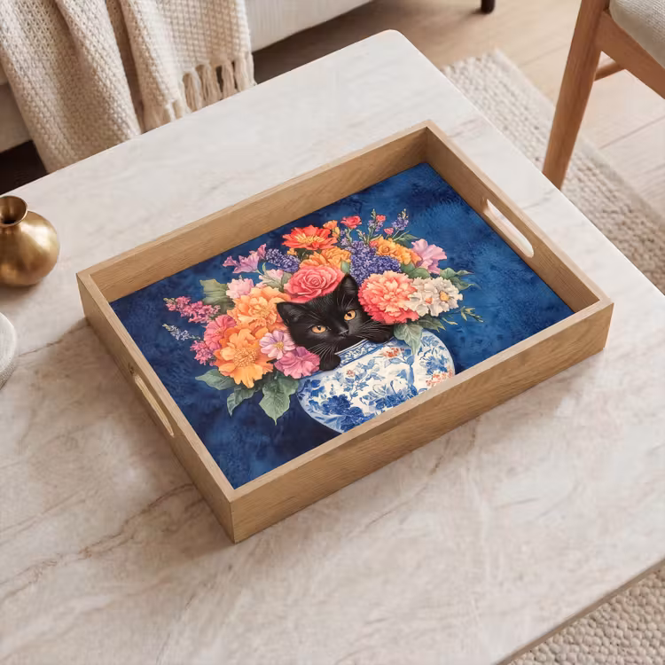 Dienblad - Kat - Felgekleurde bloemen - Vaas — 2