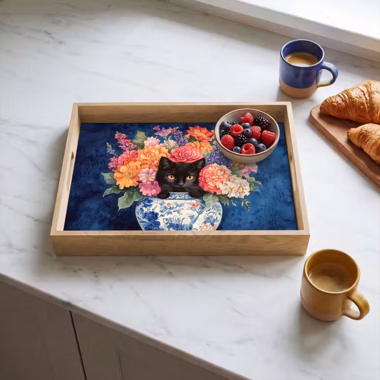 Dienblad - Kat - Felgekleurde bloemen - Vaas — 4