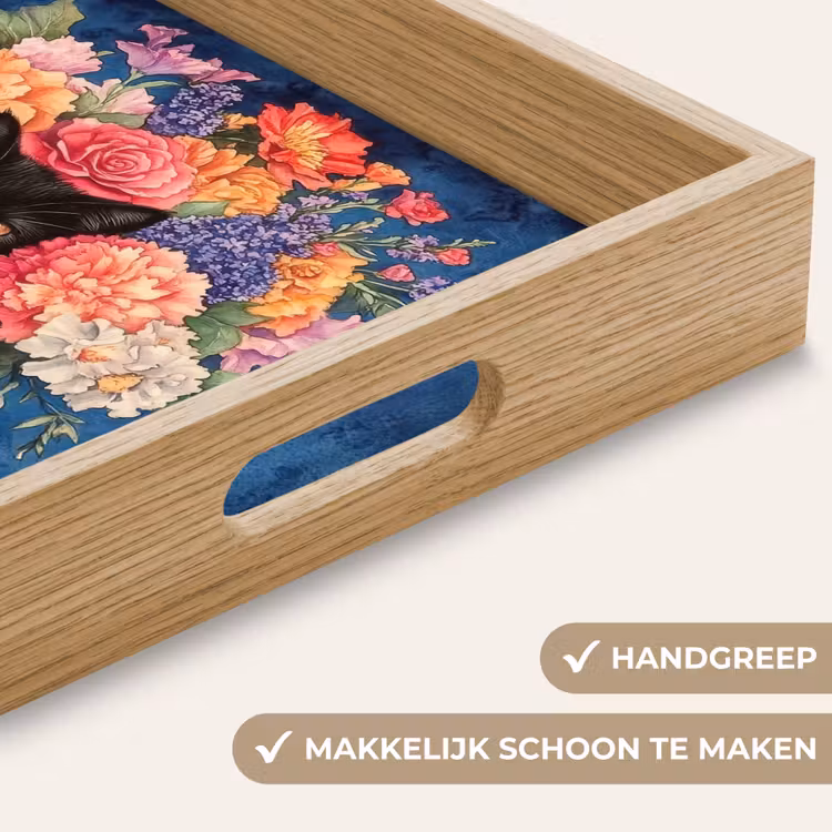 Dienblad - Kat - Felgekleurde bloemen - Vaas — 5