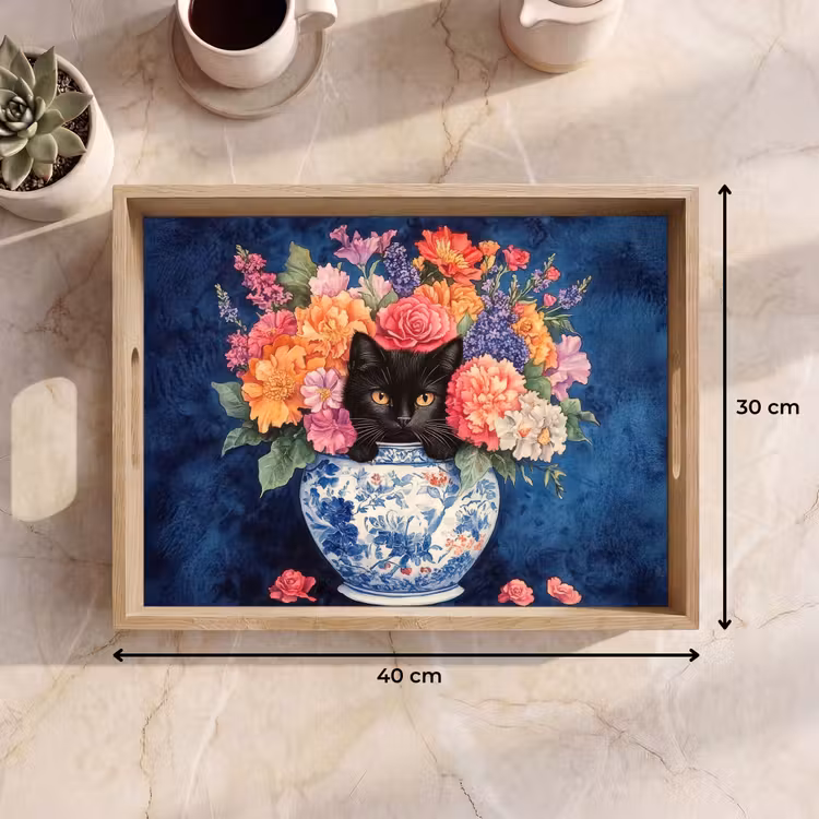 Dienblad - Kat - Felgekleurde bloemen - Vaas — 9