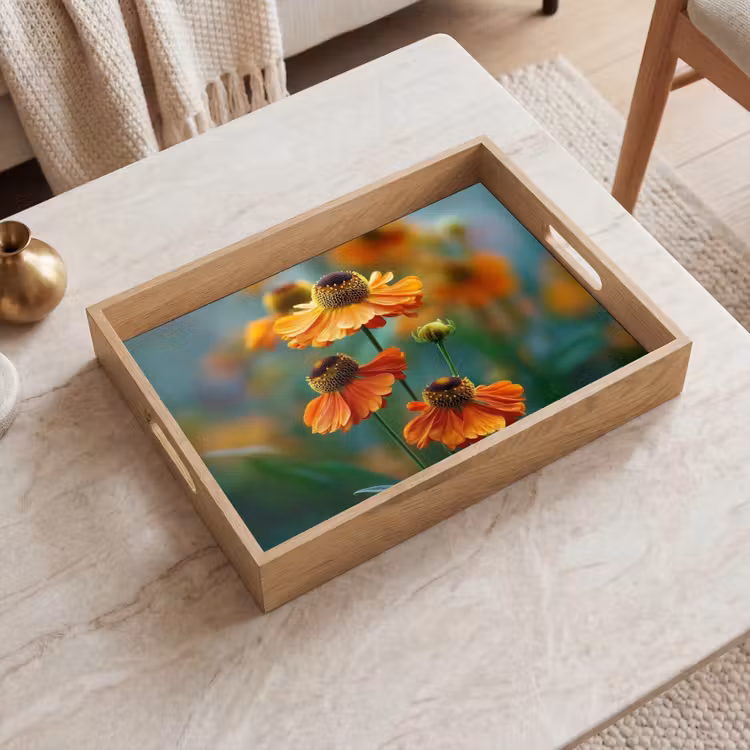 Dienblad - Oranje bloemen - Levendig - Wazige achtergrond — 2