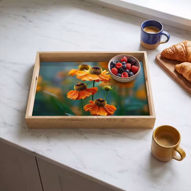 Dienblad - Oranje bloemen - Levendig - Wazige achtergrond — 4