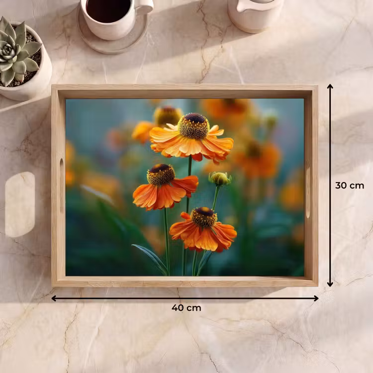 Dienblad - Oranje bloemen - Levendig - Wazige achtergrond — 9