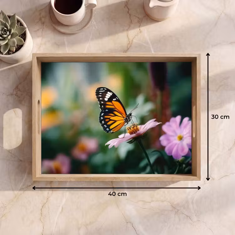 Dienblad - Roze bloemen - Vlinder - Zachte focus — 9