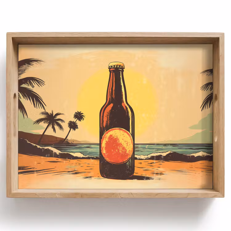 Dienblad - Bierfles - Zonsondergang - Palmbomen - Zee — 1