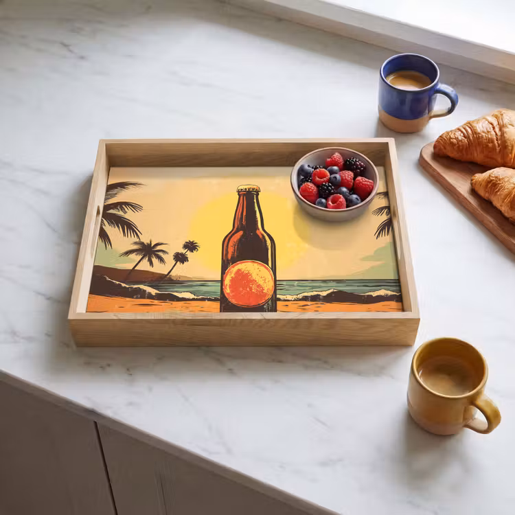 Dienblad - Bierfles - Zonsondergang - Palmbomen - Zee — 4