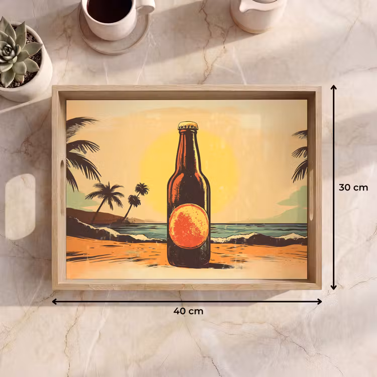 Dienblad - Bierfles - Zonsondergang - Palmbomen - Zee — 9