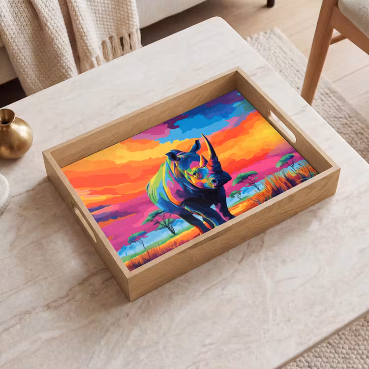 Dienblad - Neushoorn - Zonsondergang - Savanna - Kleurrijk — 2