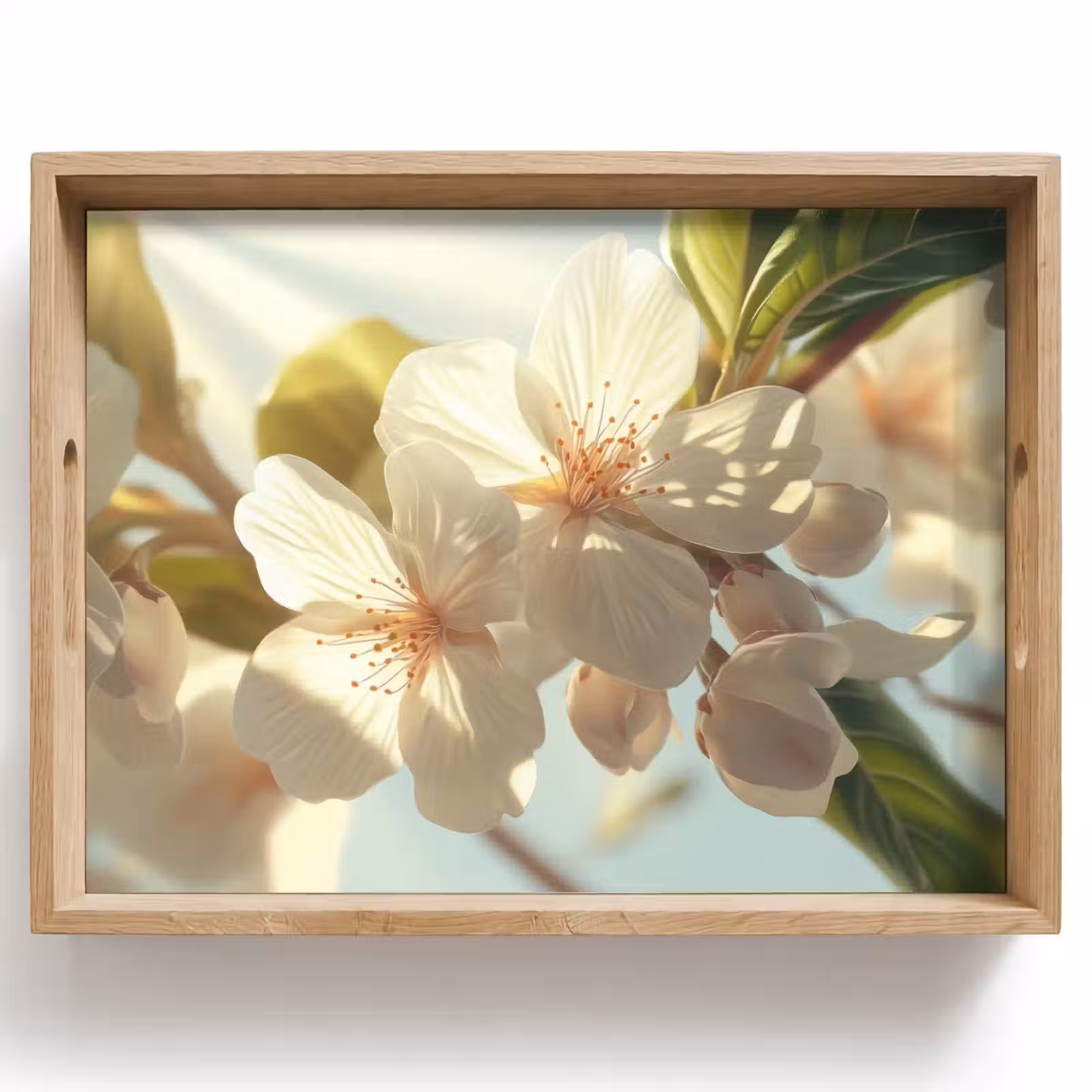 Dienblad - Bloesems - Wit - Zonnestralen - Bloemblaadjes — 1