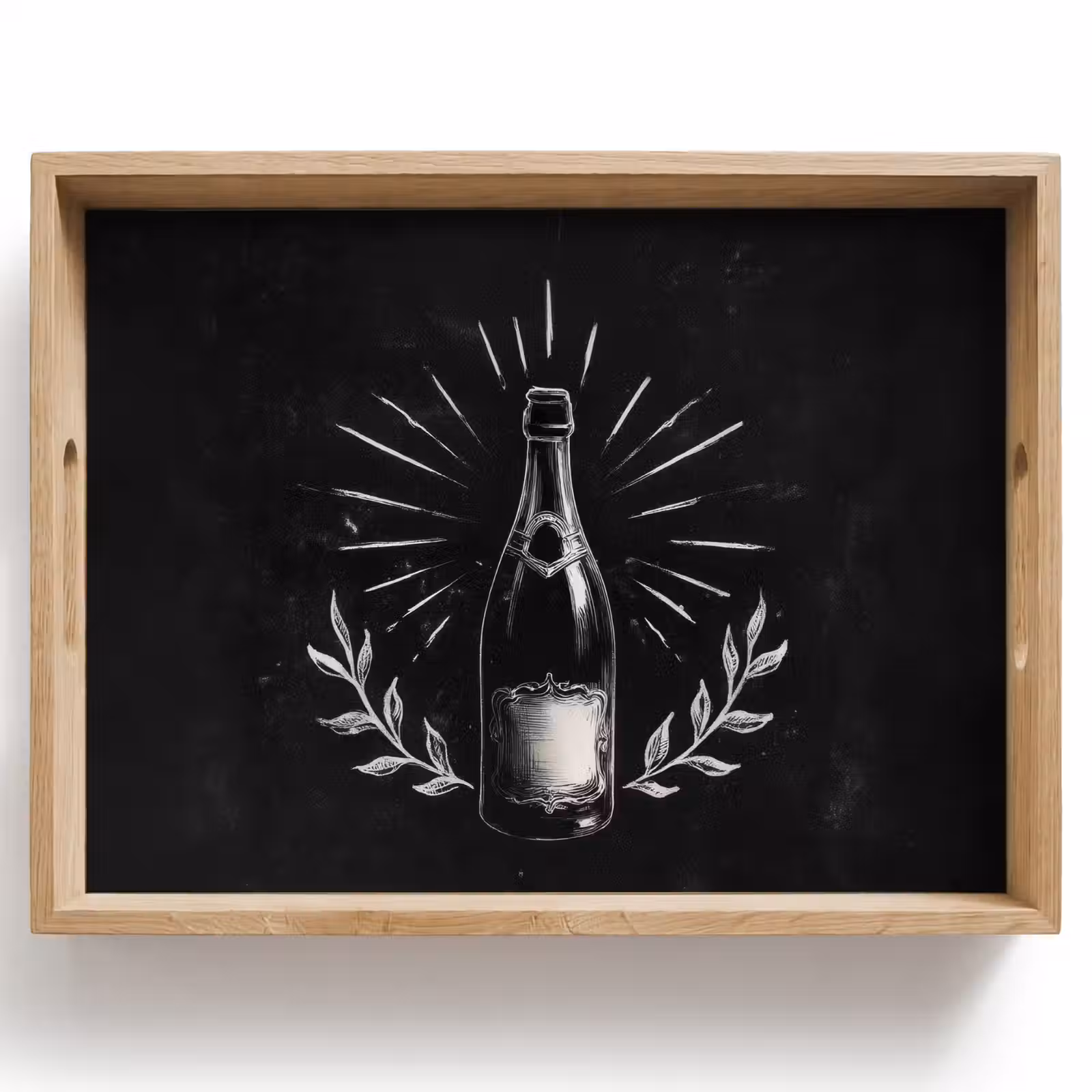 Dienblad - Champagnefles - Lauriertakken - Zwarte achtergrond — 1