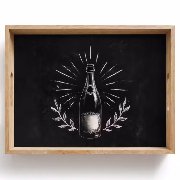 Dienblad - Champagnefles - Lauriertakken - Zwarte achtergrond — 1