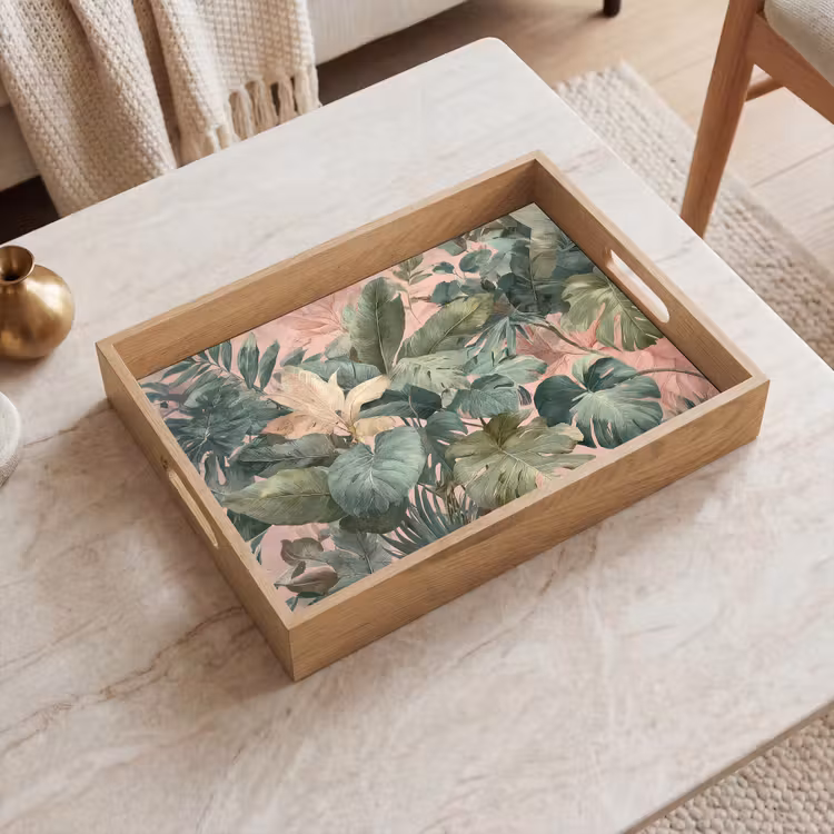 Dienblad - Compositie van bladeren - Groen - Roze — 2