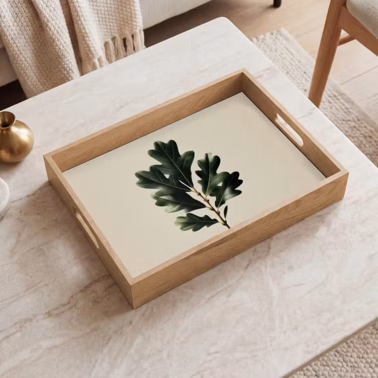 Dienblad - Eikenbladeren - Beige - Groen - Golvende randen — 2